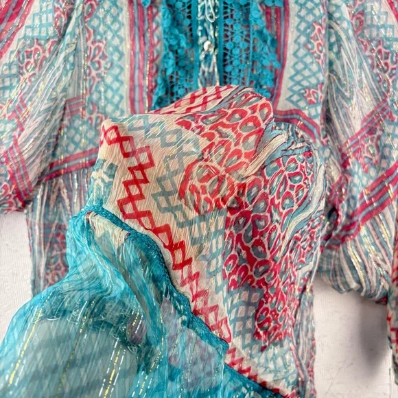 Ritu Kumar Multicolor Boho Blouse Sheer Flowy Long Sleeves NWT Sz 2 Festival - Picture 11 of 11